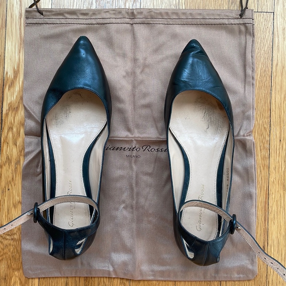 Gianvito Rossi Black Leather Pointed Toe, Ankle Strap Flats (Size 38)